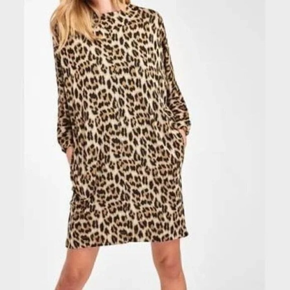 Masai Womens Leopard Print Long Sleeve‎ Shift Dress with Pockets Brown XS